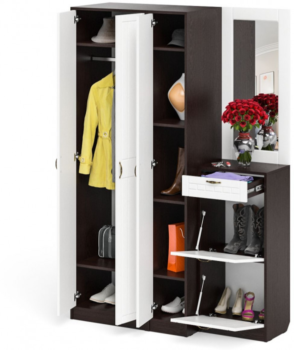 Прихожая П-6 Компоновка № 49, цвет венге/фасады МДФ белое дерево фрезеровка прованс, ШхГхВ 140х50х210 см., универсальная сборка