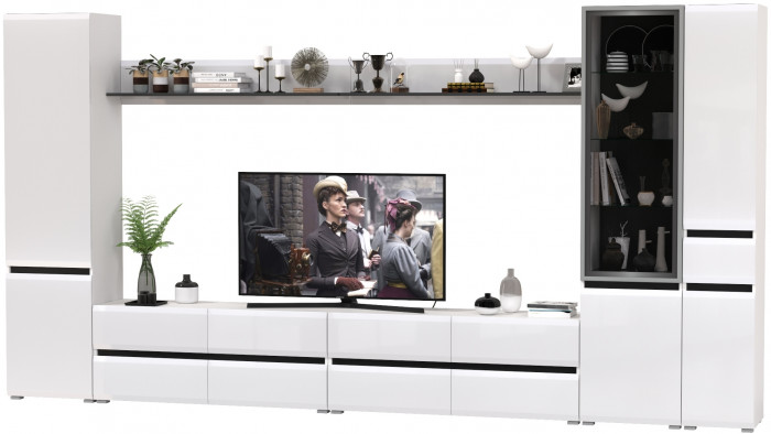 Сидней Комплектация № 109, цвет корпус: белый/чёрный/фасады: МДФ белый глянец, ШхГхВ 394,8х41,3х205,2 см., универсальная сборка