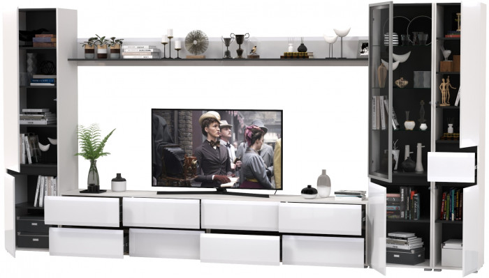 Сидней Комплектация № 109, цвет корпус: белый/чёрный/фасады: МДФ белый глянец, ШхГхВ 394,8х41,3х205,2 см., универсальная сборка