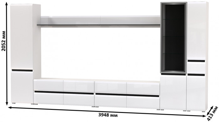 Сидней Комплектация № 109, цвет корпус: белый/чёрный/фасады: МДФ белый глянец, ШхГхВ 394,8х41,3х205,2 см., универсальная сборка
