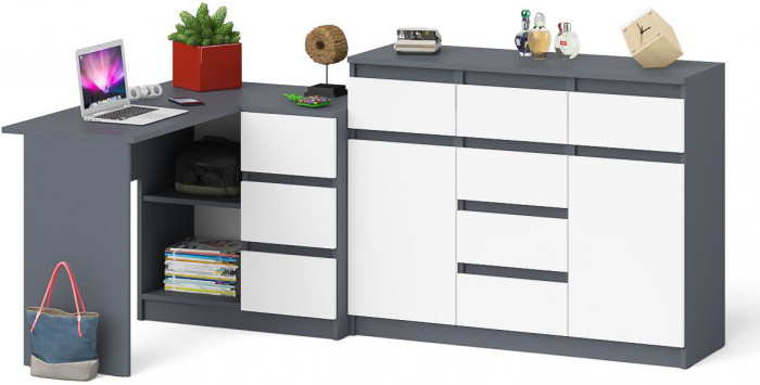 Мори компьютерный стол МС-16 правый + Комод МК1200.4, графит/белый
