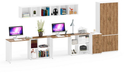 Лидер-8 Стол + Полка + Стол + Полка + Шкаф МД 20Б + Тумба МД 3.16, цвет белый шагрень/крафт золото, 450х50х75/190 или 230х200/50х75/190, НЕ ун. сб.