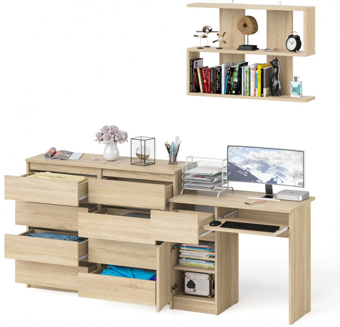 Мори компьютерный стол МС-1 левый + Комод МК1200.8 + Полка 900, дуб сонома