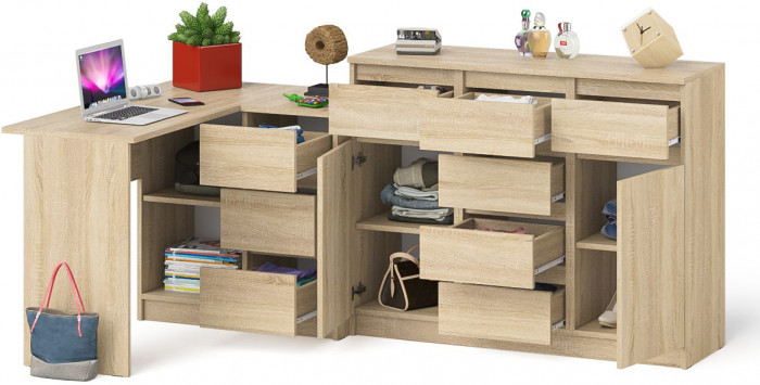 Мори компьютерный стол МС-16 правый + Комод МК1200.4, дуб сонома