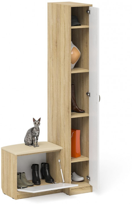 Прихожая П-6 Компоновка № 39, цвет дуб сонома/фасады МДФ белое дерево фрезеровка ромб, ШхГхВ 90х50х210 см., универсальная сборка