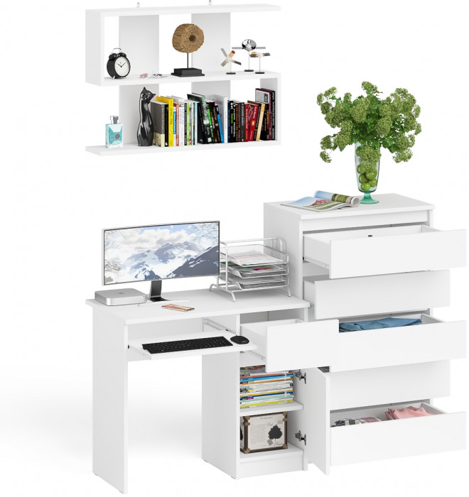 Мори Стол компьютерный МС-1 правый + Комод МК700.5 + Полка 900, цвет белый, ШхГхВ 160,4х50х209,6 см., НЕ универсальная сборка