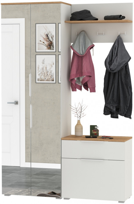 Октава Прихожая 10, цвет белый шагрень/дуб крафт золотой/фасады МДФ белый шагрень, ШхГхВ 129,3х35,4х197,6 см., универсальная сборка