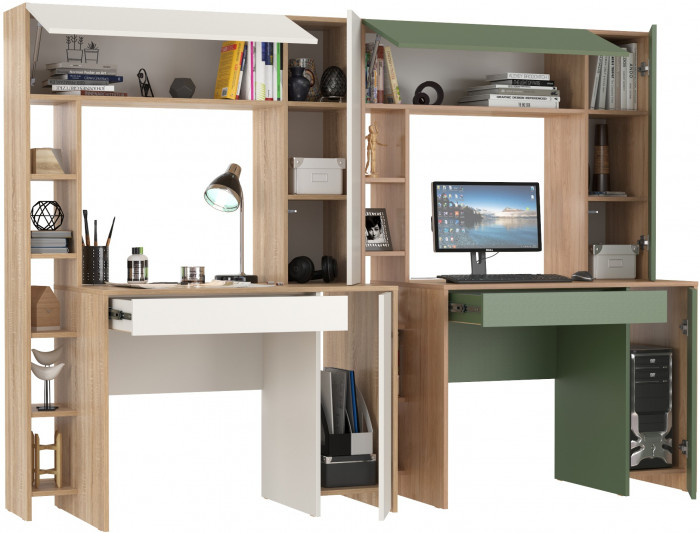 Два стола комп. Комфорт 12.71, дуб сонома/белый/гикори рокфорд натуральный/дымчатый зел.