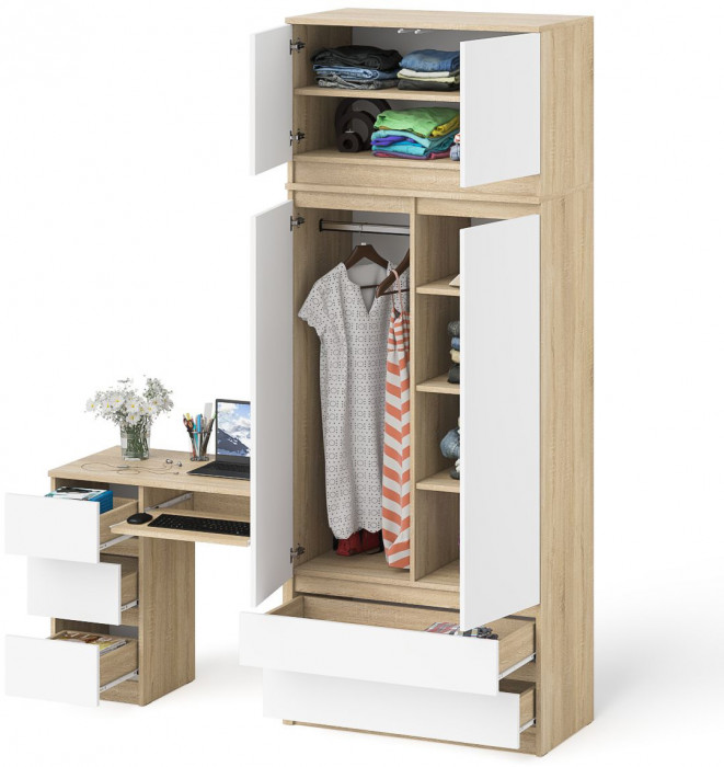 Мори компьютерный стол МС-6 левый + Шкаф МШ900.1 + Антресоль МА900.1, дуб сонома/белый