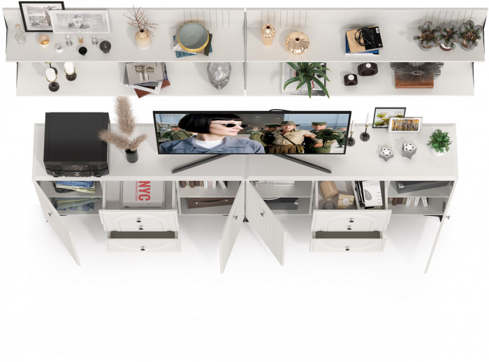 Валенсия Гостиная № 091, цвет ЛДСП белый шагрень/МДФ белый шагрень, ШхГхВ 266,3х38,4х225 см.