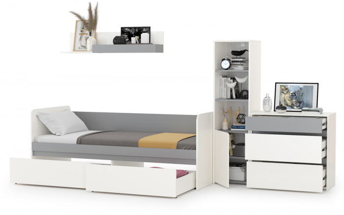 Торонто Компоновка № 22, цвет белый шагрень/стальной серый, ШхГхВ 314х84,4х149,7 см., сп. м. 800х1900 мм., б/м, основание есть, универсальная сборка