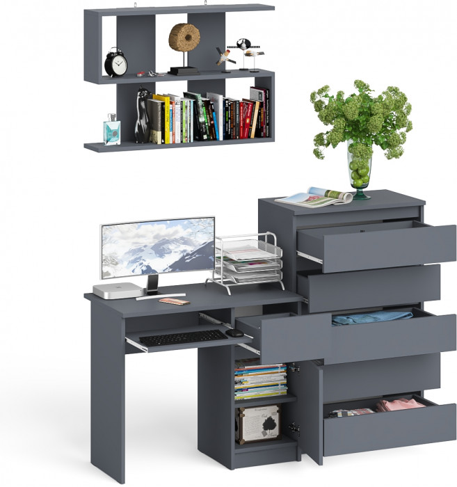 Мори Стол компьютерный МС-1 правый + Комод МК700.5 + Полка 900, цвет графит, ШхГхВ 160,4х50х209,6 см., НЕ универсальная сборка