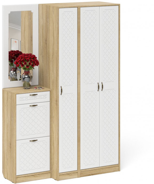 Прихожая П-6 Компоновка № 49, цвет дуб сонома/фасады МДФ белое дерево фрезеровка ромб, ШхГхВ 140х50х210 см., универсальная сборка