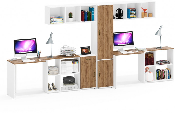 Лидер-8 Стол + Полка + Стол + Полка + Пенал МД 22Б + Тумба МД 3.15, белый шагрень/крафт золото