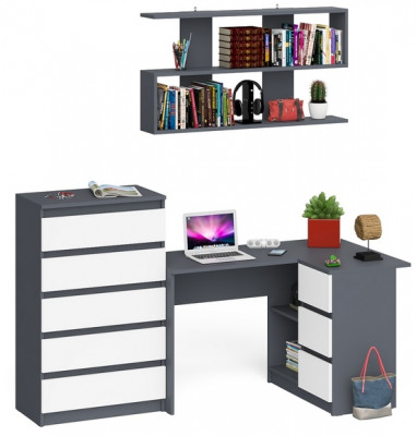 Мори компьютерный стол МС-16 правый + Комод МК700.5 + Полка 1200, графит/белый