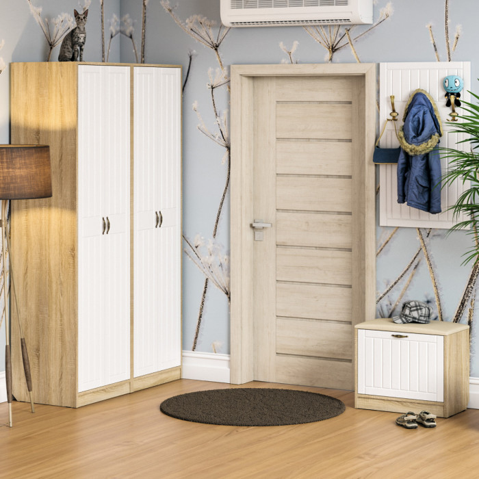 Прихожая П-6 Компоновка № 09, цвет дуб сонома/фасады МДФ белое дерево фрезеровка прованс, ШхГхВ 180х50х210 см., универсальная сборка