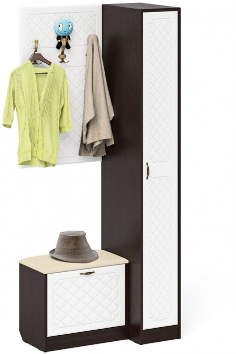 Прихожая П-6 Компоновка № 41, цвет венге/фасады МДФ белое дерево фрезеровка ромб, ШхГхВ 90х50х210 см., универсальная сборка