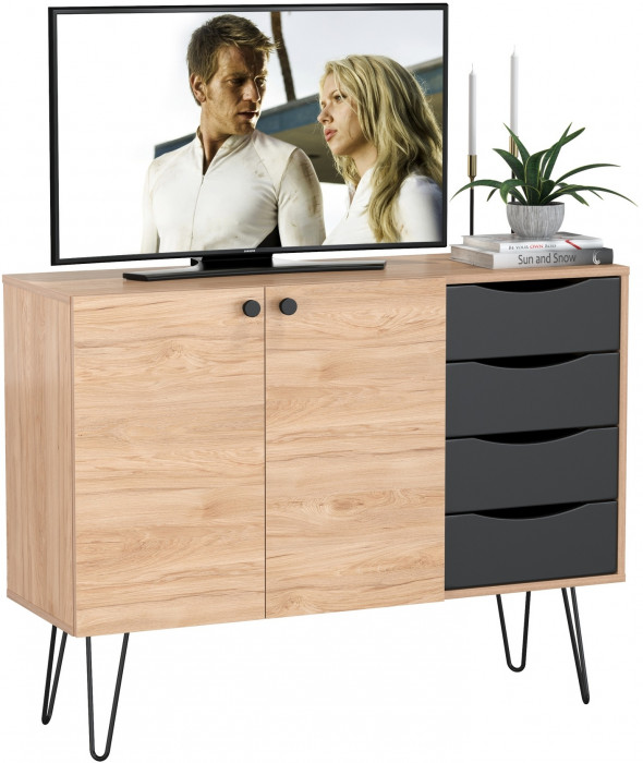 Брюс Комод-тумба 16.233, цвет чёрный/Battle rock Santiago, ШхГхВ 113,4х38,3х85,6 см., универсальная сборка, две дверки и четыре выдвижных ящика