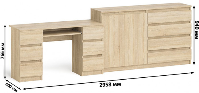 Мори Стол компьютерный МС-2 + Комод МК1600.1, цвет дуб сонома, ШхГхВ 295,8х50х94 см., универсальная сборка