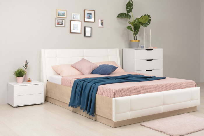 Муссон Кровать 11.28 + подъёмный ортопед, цвет дуб эндгрейн элегантный/искусственная кожа белая, ШхГхВ 177,2х224х95,3 см., сп. м. 1600х2000 мм., б/м