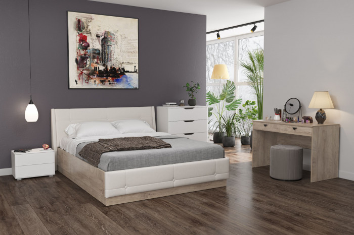 Муссон Кровать 11.28 + подъёмный ортопед, цвет дуб эндгрейн элегантный/искусственная кожа белая, ШхГхВ 177,2х224х95,3 см., сп. м. 1600х2000 мм., б/м