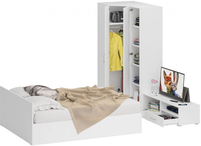 Спальня Стандарт 4-1600, цвет белый/фасады ТВ тумбы МДФ белый глянец, сп.м. 1600х2000 мм., без матраса, основание есть
