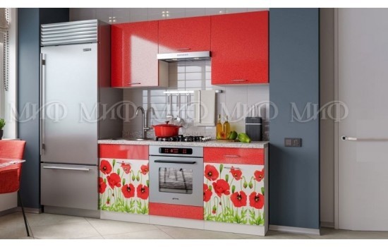 Кухня МДФ 1600 с фотопечатью Маки красные, белые столы