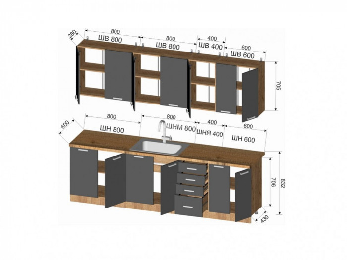 Кухонный гарнитур МДФ Вельвет 2,6м, Милк/Дуб сонома
