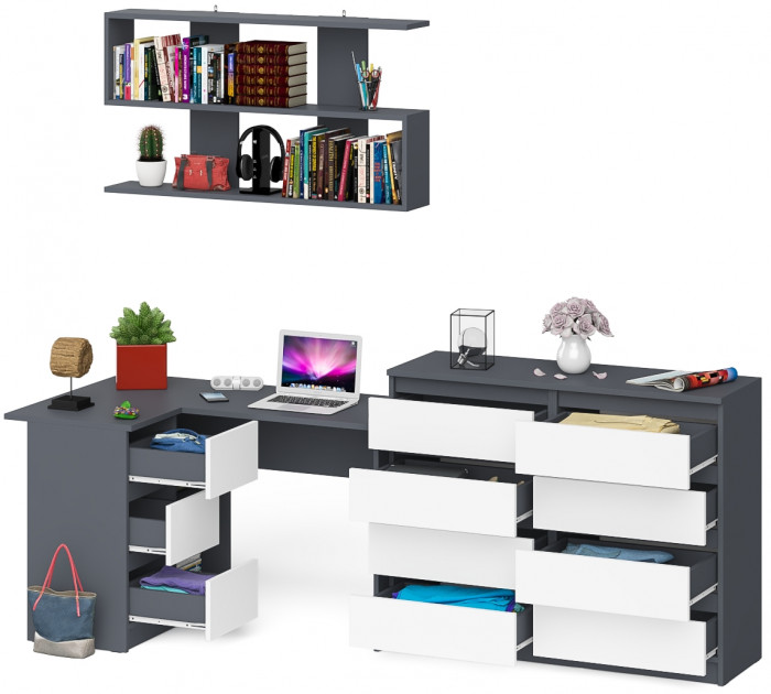 Мори компьютерный стол МС-16 левый + Комод МК1200.8 + Полка 1200, графит/белый
