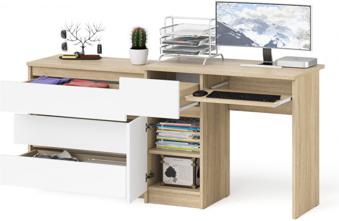 Мори Стол компьютерный МС-1 левый + Комод МК800.1, цвет дуб сонома/белый, ШхГхВ 170,4х50х76,6 см., выдвижной ящик слева, НЕ универсальная сборка