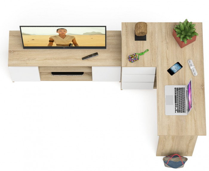 Мори Стол компьютерный МС-16 левый + Тумба МТВ1200.1, цвет дуб сонома/белый, ШхГхВ 244,8х84,9х76,6 см., выдвижные ящики слев, НЕ универсальная сборкаа