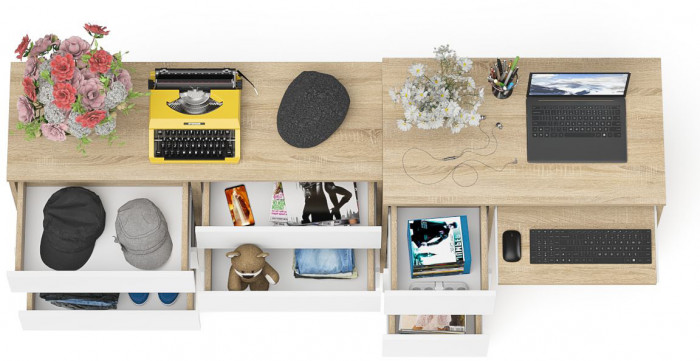 Мори Стол компьютерный МС-6 левый + Комод МК1200.6, цвет дуб сонома/белый, ШхГхВ 210,4х50х76,6 см., выдвижные ящики слева, НЕ универсальная сборка