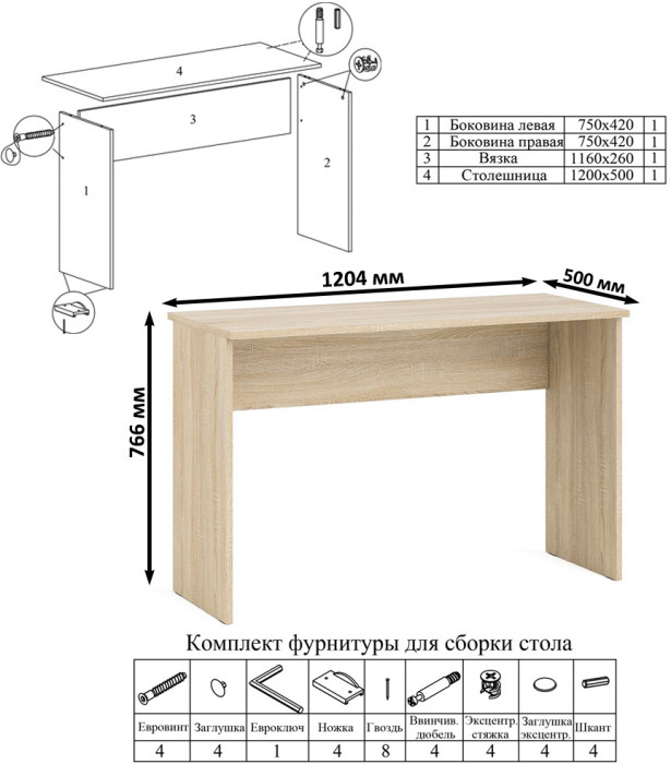 Мори Стол письменный МСП1200.1 + Комод МК1380.6, цвет дуб сонома/белый, ШхГхВ 258,4х50х76,6 см., универсальная сборка