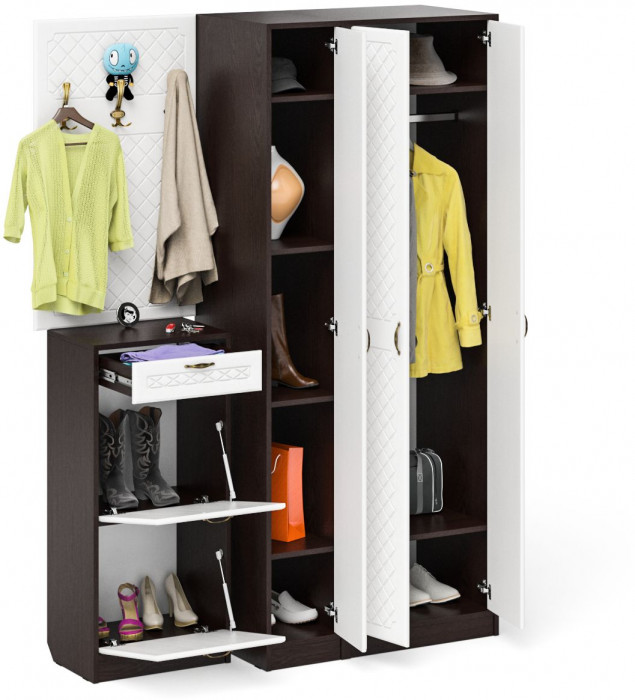 Прихожая П-6 Компоновка № 50, венге/фасады МДФ белое дерево фрезеровка ромб