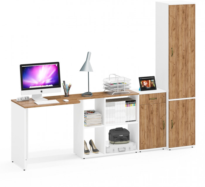 Лидер-8 Стол + Тумба МД 3.15 + Пенал МД 21Б, цвет белый шагрень/крафт золото, ШхГхВ 245х50/37,5х75/190 или 115х160/50х75/190 см., НЕ ун. сборка