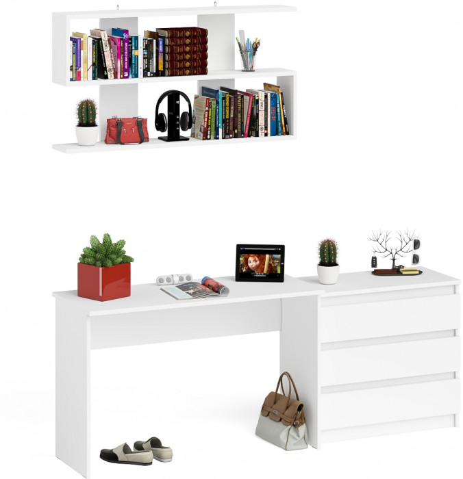 Мори Стол письменный МСП1200.1 + Комод МК800.1 + Полка 1200, цвет белый, ШхГхВ 200,8х50х209,6 см., универсальная сборка