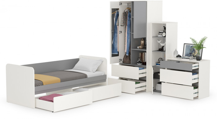 Торонто Компоновка № 26, цвет белый шагрень/стальной серый, сп. м. 800х1900 мм., б/м, основание есть, универсальная сборка