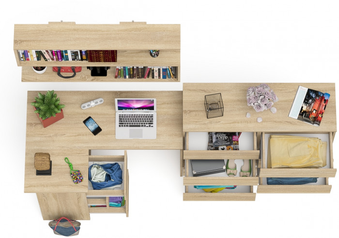 Мори компьютерный стол МС-16 левый + Комод МК1200.8 + Полка 1200, дуб сонома