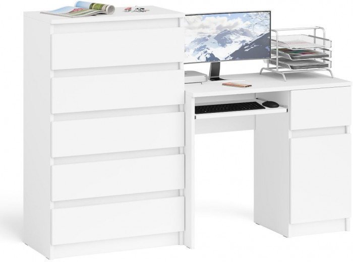 Мори Стол компьютерный МС-1 правый + Комод МК700.5, цвет белый, ШхГхВ 160,4х50х114 см., выдвижной ящик справа, НЕ универсальная сборка