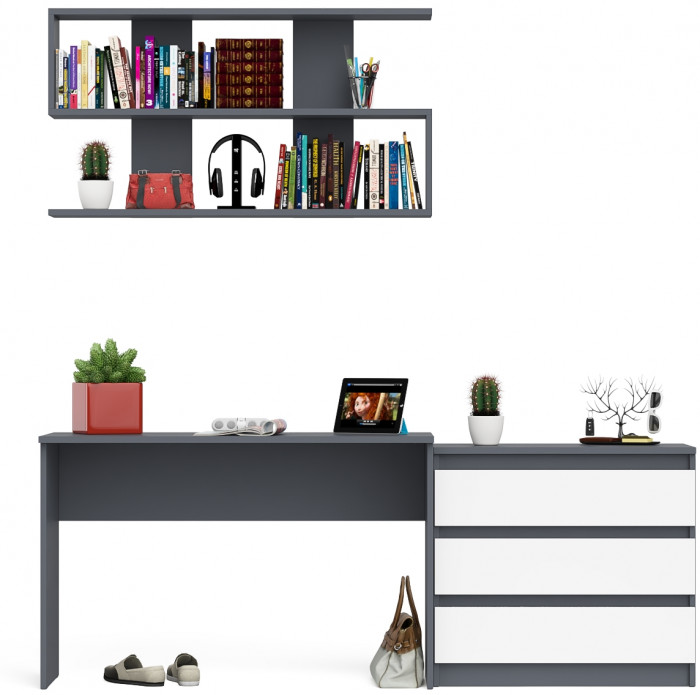 Мори Стол письменный МСП1200.1 + Комод МК800.1 + Полка 1200, цвет графит/белый, ШхГхВ 200,8х50х209,6 см., универсальная сборка