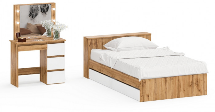 Ксения Кровать с ящиками 1200 + Стол косметический с подсветкой Сура, дуб вотан/белый
