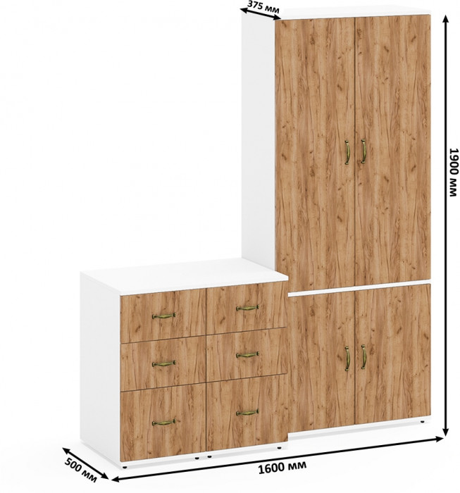 Лидер-8 Шкаф МД 20Б + Тумба МД 3.16 + Тумба МД 3.16, цвет белый шагрень/крафт золото, ШхГхВ 160х50х190 см., НЕ универсальная сборка
