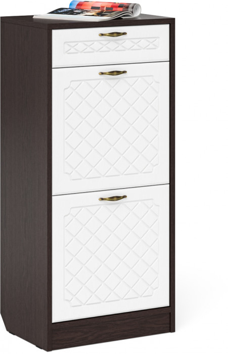 Прихожая П-6 Тумба для обуви 2 секции + Зеркало, цвет венге/фасады МДФ белое дерево фрезеровка ромб, ШхГхВ 50х35х210 см.