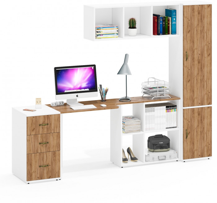 Лидер-8 Стол + Полка + Тумба МД 3.16 + Пенал МД 21Б, цвет белый шагрень/крафт золото, ШхГхВ 245х50/37,5х75/190 или 155х120/50х75/190 см., НЕ ун. сб.