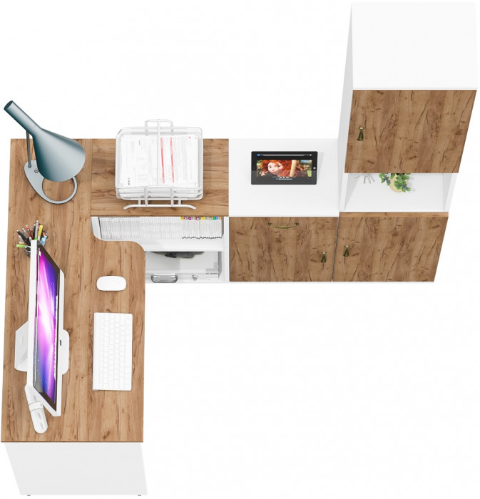 Лидер-8 Стол + Тумба МД 3.15 + Пенал, цвет белый шагрень/крафт золото, ШхГхВ 245х50/30х75/190 см. или 115х50/160х75/190 см., НЕ универсальная сборка