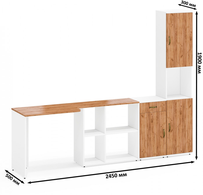 Лидер-8 Стол + Тумба МД 3.15 + Пенал, цвет белый шагрень/крафт золото, ШхГхВ 245х50/30х75/190 см. или 115х50/160х75/190 см., НЕ универсальная сборка