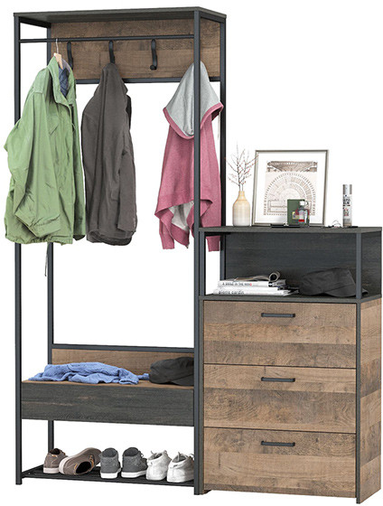 Трувор 15.120 Прихожая + 13.307.02 Комод с ящиками, цвет дуб гранж песочный/интра, ШхГхВ 146х37х194,2 см., универсальная сборка