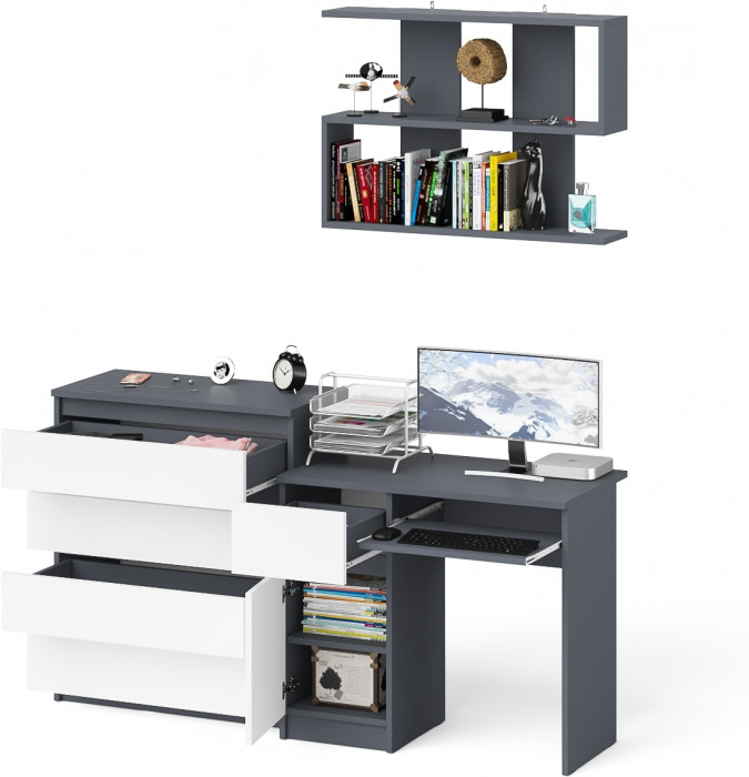 Мори Стол компьютерный МС-1 левый + Комод МК800.4 + Полка 900, цвет графит/белый, ШхГхВ 170,4х50х209,6 см., НЕ универсальная сборка