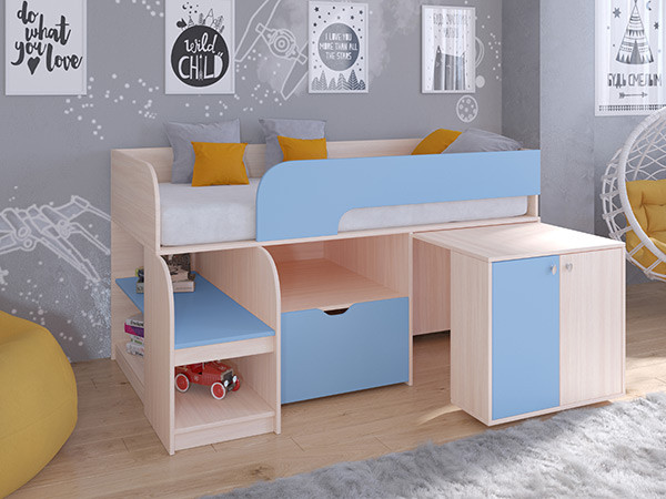 Кровать чердак Астра 9 V9 Дуб молочный/Голубой