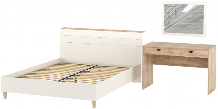 Муссон Кровать 11.41 + ортопед + Бостон 12.69 + Зеркало СВК, цвет белый/дуб эндгрейн элегантный, сп. м. 1600х2000 мм., б/м